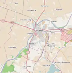 Mapa konturowa Malborka, u góry znajduje się punkt z opisem „Malbork Kałdowo Wąskotorowy”