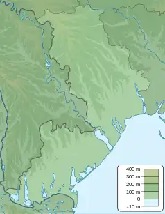 Mapa konturowa obwodu odeskiego, u góry nieco na lewo znajduje się punkt z opisem „źródło”, poniżej na lewo znajduje się również punkt z opisem „ujście”