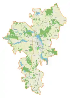 Mapa konturowa gminy Olecko, u góry po prawej znajduje się punkt z opisem „Kolonie Dąbrowskie”