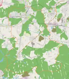 Mapa konturowa Orzesza, po lewej znajduje się punkt z opisem „Parafia Miłosierdzia Bożego”