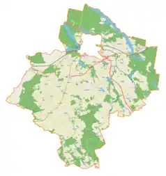 Mapa konturowa gminy wiejskiej Ostróda, blisko dolnej krawiędzi znajduje się punkt z opisem „Giętlewo”