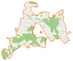 Mapa konturowa gminy wiejskiej Ostrów Mazowiecka, u góry nieco na lewo znajduje się punkt z opisem „Parafia pw. Świętej Anny w Jelonkach”