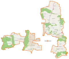 Mapa konturowa gminy wiejskiej Ostrów Wielkopolski, blisko prawej krawiędzi nieco na dole znajduje się punkt z opisem „Bagatela”