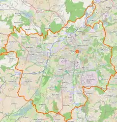 Mapa konturowa Ostrawy, blisko centrum na prawo u góry znajduje się punkt z opisem „Morawska OstrawaMoravská Ostrava”