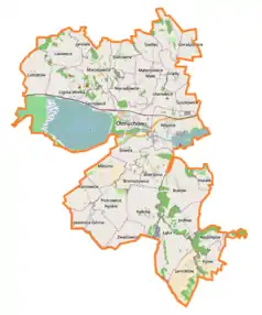 Mapa konturowa gminy Otmuchów, u góry nieco na prawo znajduje się punkt z opisem „Pasieki”