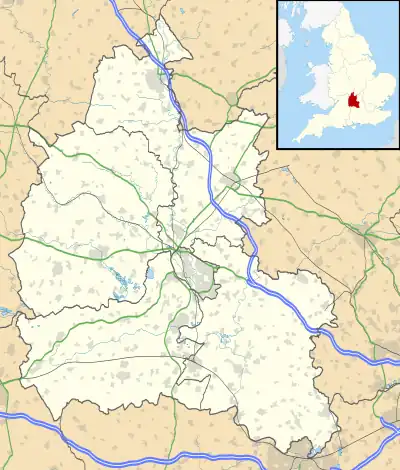 Mapa konturowa Oxfordshire, blisko centrum na lewo znajduje się punkt z opisem „Blenheim Palace”