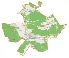 Mapa konturowa gminy Ozimek, blisko centrum na dole znajduje się punkt z opisem „Krasiejów”