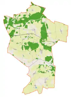 Mapa konturowa gminy Płośnica, blisko centrum na lewo znajduje się punkt z opisem „Mały Łęck”