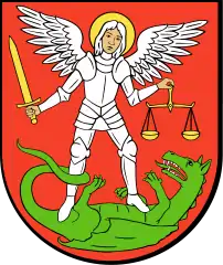 Herb Białej Podlaskiej ze św. Michałem.