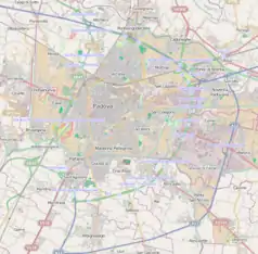 Mapa konturowa Padwy, w centrum znajduje się punkt z opisem „Pomnik konny Gattamelatyw Padwie”