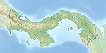 Mapa konturowa Panamy, blisko centrum po prawej na dole znajduje się punkt z opisem „Zatoka Panamska”