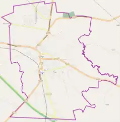 Mapa konturowa Pasłęka, blisko centrum na lewo u góry znajduje się punkt z opisem „Kościół św. Bartłomieja w Pasłęku”