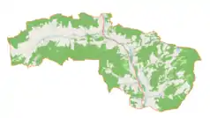 Mapa konturowa gminy Pcim, na dole nieco na prawo znajduje się punkt z opisem „Pcim”