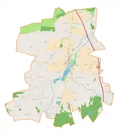 Mapa konturowa gminy Piątek, blisko prawej krawiędzi nieco na dole znajduje się punkt z opisem „Jasionna”