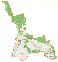 Mapa konturowa gminy Pieńsk, na dole po lewej znajduje się punkt z opisem „Lasów”