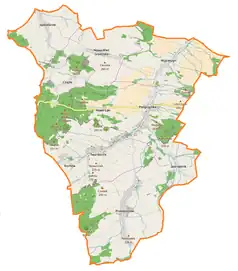 Mapa konturowa gminy Pielgrzymka, u góry po lewej znajduje się punkt z opisem „Nowa Wieś Grodziska”