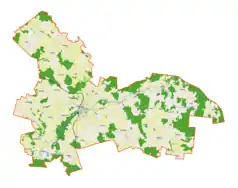 Mapa konturowa gminy Pieniężno, na dole po lewej znajduje się punkt z opisem „Wojnity”