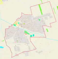 Mapa konturowa Piszczaca, blisko centrum na lewo znajduje się punkt z opisem „Parafia Podwyższenia Krzyża Świętego”