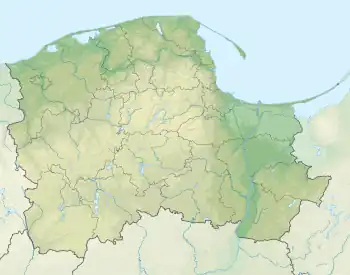 Mapa konturowa województwa pomorskiego, u góry znajduje się punkt z opisem „źródło”, natomiast u góry nieco na prawo znajduje się punkt z opisem „ujście”