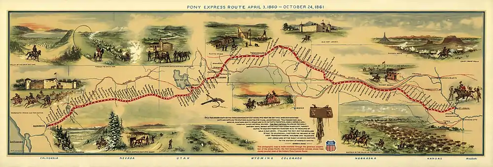 Ilustrowana mapa drogi Pony Express w roku 1860, rysował William Henry Jackson, obecnie w posiadaniu Biblioteki Kongresu USA