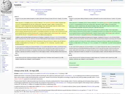 Porównywanie dwóch wersji danego artykułu. Różnice pomiędzy nimi wyróżnione są na czerwono. Zrzut ekranu ukazuje wersję oprogramowania z 2006