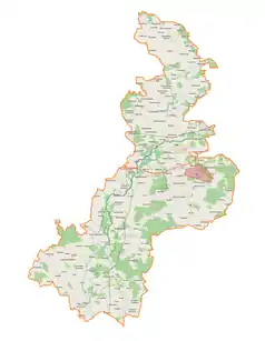 Mapa konturowa powiatu łaskiego, po prawej znajduje się punkt z opisem „Strupiny”