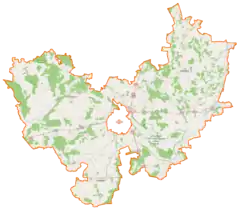 Mapa konturowa powiatu łomżyńskiego, po prawej znajduje się punkt z opisem „Kazimierowo”