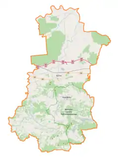 Mapa konturowa powiatu bocheńskiego, blisko centrum na lewo znajduje się punkt z opisem „Grabina”