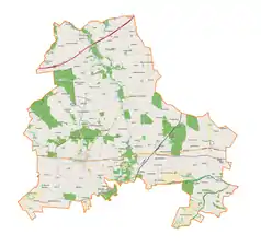 Mapa konturowa powiatu brzezińskiego, u góry znajduje się punkt z opisem „Nadolna”