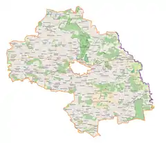 Mapa konturowa powiatu chełmskiego, na dole po prawej znajduje się punkt z opisem „Raciborowice-Kolonia”