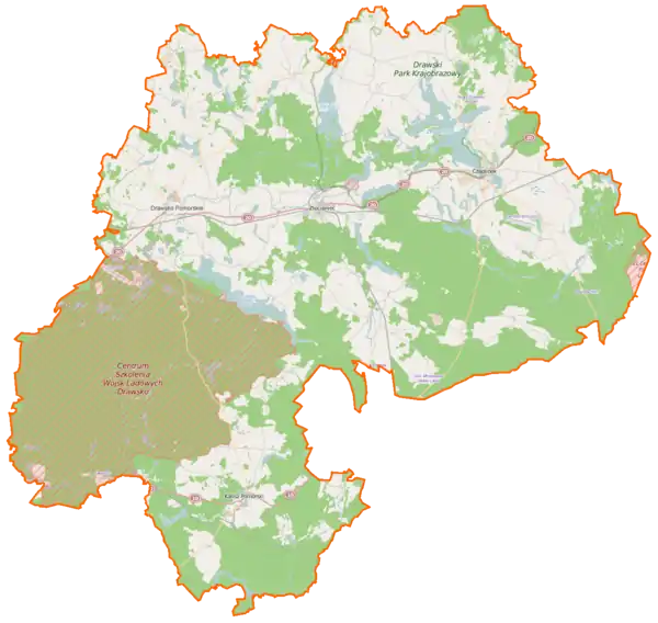 Mapa konturowa powiatu drawskiego, na dole po lewej znajduje się punkt z opisem „Jaworze”