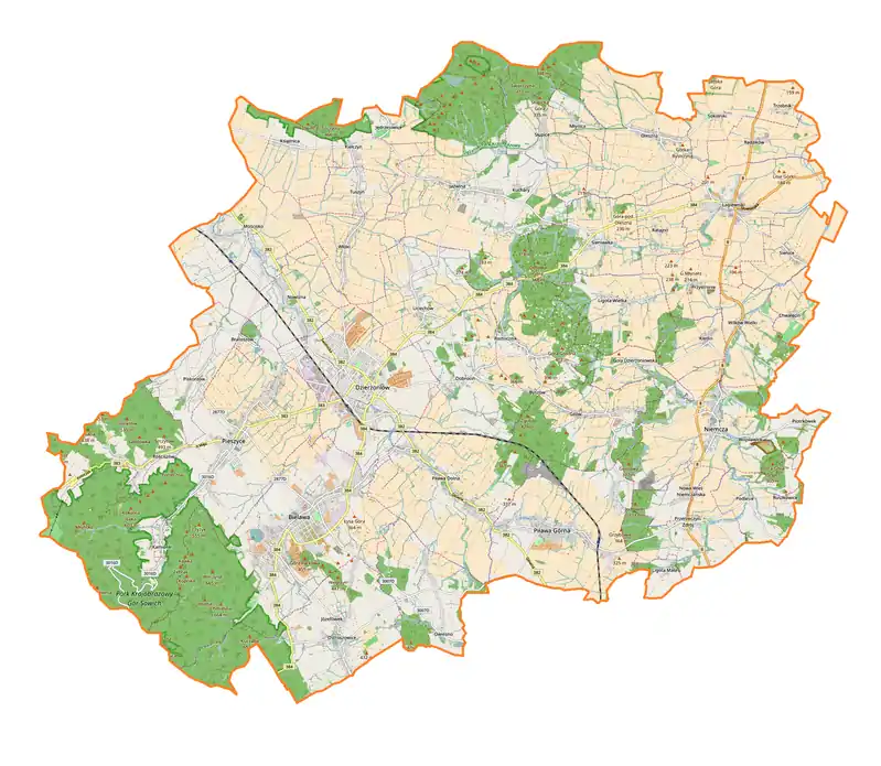 Mapa konturowa powiatu dzierżoniowskiego, po prawej znajduje się punkt z opisem „miejsce bitwy”