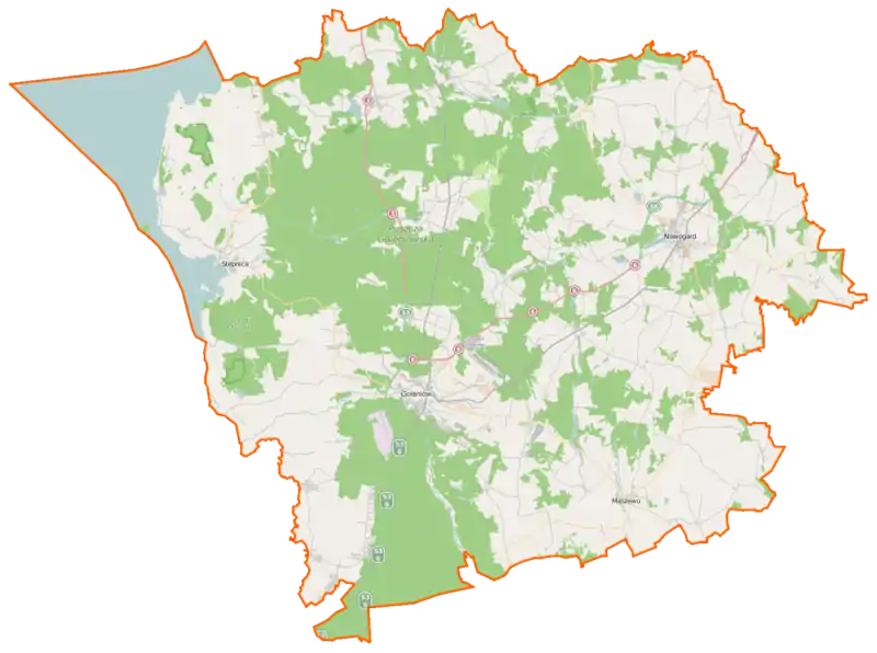 Mapa konturowa powiatu goleniowskiego, w centrum znajduje się punkt z opisem „Port Lotniczy Szczecin Goleniów”