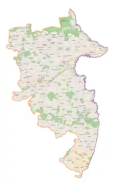 Mapa konturowa powiatu hrubieszowskiego, blisko centrum na prawo u góry znajduje się punkt z opisem „Husynne”