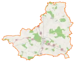 Mapa konturowa powiatu jarocińskiego, po prawej znajduje się punkt z opisem „Tarce”