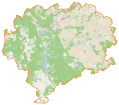 Mapa konturowa powiatu kościerskiego, po prawej znajduje się punkt z opisem „Równe”