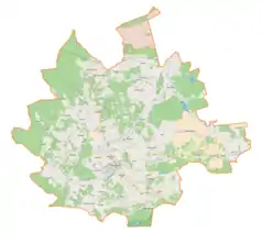 Mapa konturowa powiatu kolbuszowskiego, blisko centrum na lewo znajduje się punkt z opisem „Kościół Przemienienia Pańskiego”