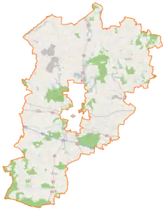 Mapa konturowa powiatu konińskiego, blisko centrum na prawo u góry znajduje się punkt z opisem „Pogorzele”