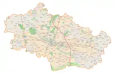 Mapa konturowa powiatu kutnowskiego, na dole znajduje się punkt z opisem „Leszno”