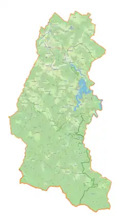 Mapa konturowa powiatu leskiego, u góry znajduje się punkt z opisem „Rudenka”