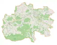 Mapa konturowa powiatu limanowskiego, blisko prawej krawiędzi znajduje się punkt z opisem „Kłodne”