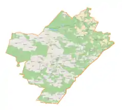 Mapa konturowa powiatu lubaczowskiego, na dole znajduje się punkt z opisem „Czopy”