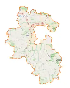 Mapa konturowa powiatu lubelskiego, u góry znajduje się punkt z opisem „Dys”