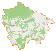 Mapa konturowa powiatu międzychodzkiego, po lewej znajduje się punkt z opisem „Mierzyn”