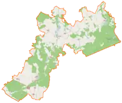 Mapa konturowa powiatu myśliborskiego, w centrum znajduje się punkt z opisem „Pałac w Dolsku”