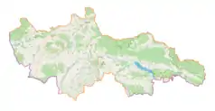 Mapa konturowa powiatu nowotarskiego, po prawej nieco na dole znajduje się punkt z opisem „Szczawnica, sanatorium Inhalatorium”