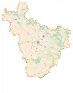 Mapa konturowa powiatu płońskiego, w centrum znajduje się punkt z opisem „Raźniewo”