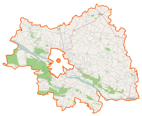 Mapa konturowa powiatu płockiego, blisko dolnej krawiędzi nieco na prawo znajduje się punkt z opisem „Jamno”