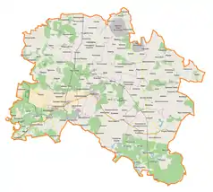 Mapa konturowa powiatu pajęczańskiego, po prawej nieco na dole znajduje się punkt z opisem „Kruplin Poduchowny”