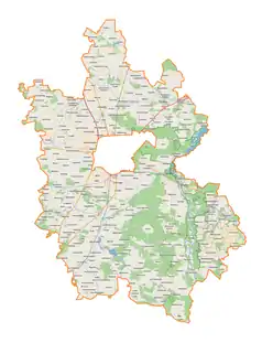 Mapa konturowa powiatu piotrkowskiego, u góry nieco na lewo znajduje się punkt z opisem „Wola Kutowa”